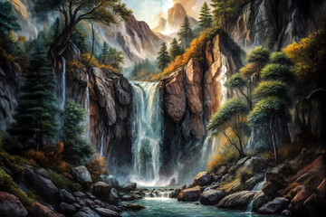 Cascata d'Acquerello- Paesaggio di Montagne Dipinto