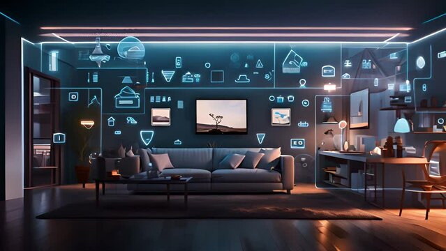 Smart Living: sleek modern living room with illuminated digital smart home icons on wall