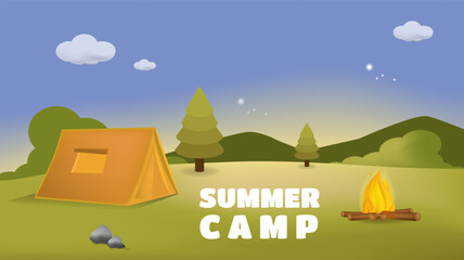 Summer camp illustration with mountain and forest background