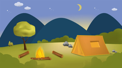 Summer camp illustration with mountain and forest background