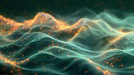 Gilded Flow: Abstract Digital Art with Emerald Green Waves and Glowing Golden - obrazy, fototapety, plakaty