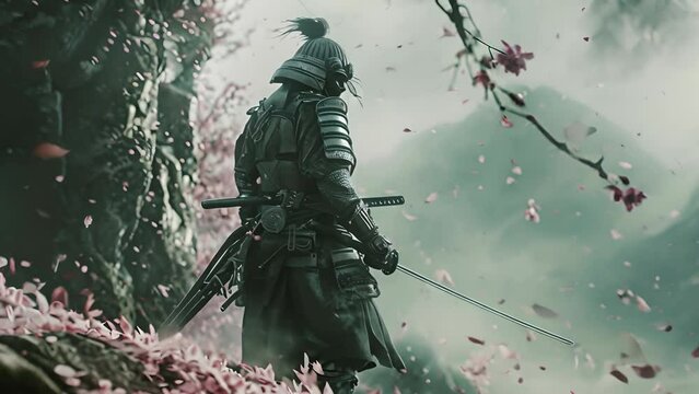 A man in a samurai costume is walking through a field of pink flowers. The scene is serene and peaceful, with the man's sword held at a slight angle