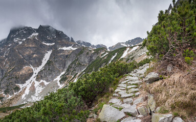 Żółty znakowany szlak górski w Tatrach Wysokich.