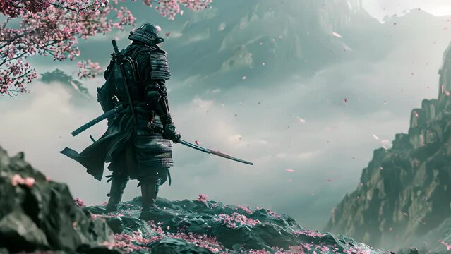 A man in a samurai costume stands on a mountain top, surrounded by pink cherry blossoms. The scene is serene and peaceful, with the man's sword held at a slight angle, ready for action