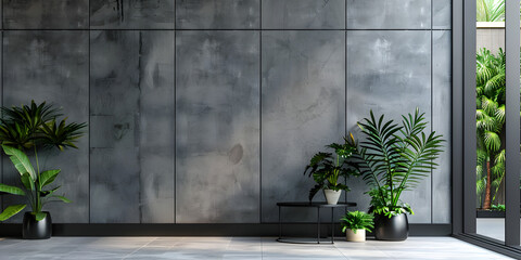 Concrete beige room with plant.Monstera flower in a pot on a woman of a gray wall on a rack.