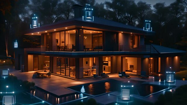 Home Automation Hub: dark room featuring digital control icons for lighting, security and more