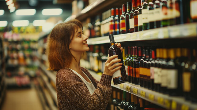 Mulher com uma garrafa de vinho no mercado