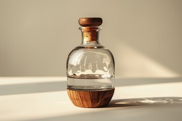 A close up of a classic glass bottle placed on the table against a decoration background shot in a studio.