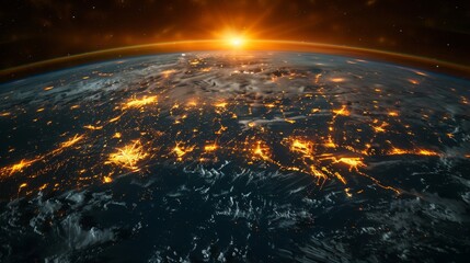 Overhead view of Earth's horizon at sunrise with a city ablaze, evoking themes of disaster and urgency, concept of environmental threats and global awareness