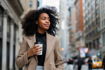 Cheerful young african woman wearing coat walking outdoors, holding takeaway coffee cup. Generative AI