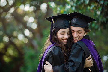 My happiest day. Shot of two happy students embraceing in celebration on graduation day. Generative AI
