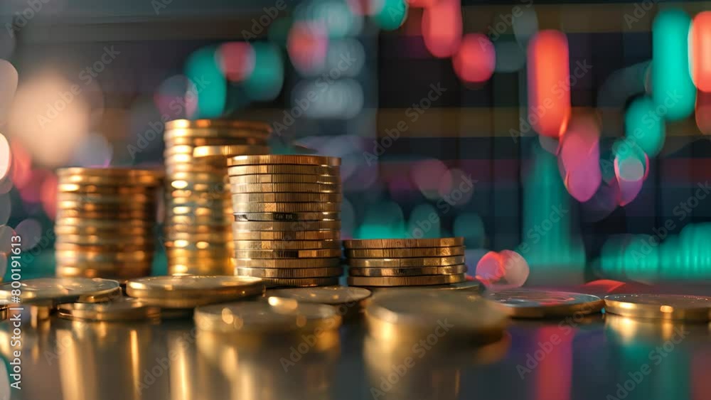 Poster a pile of gold coins sits on a table next to a graph. the coins are stacked in a pyramid shape, with