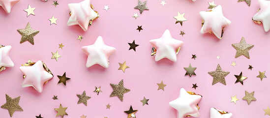 White and gold stars on a pink background
