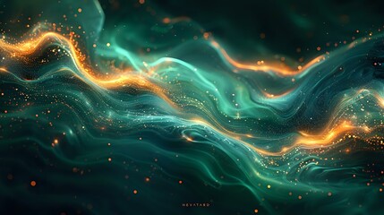 Luxurious Flow: Abstract Digital Art with Emerald Green Waves and Glowing Gold - obrazy, fototapety, plakaty