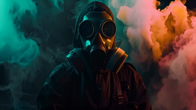 A person in a gas mask is standing in front of a colorful background. The image has a dark and eerie mood, with the person's gas mask and the smoke in the background creating a sense of danger
