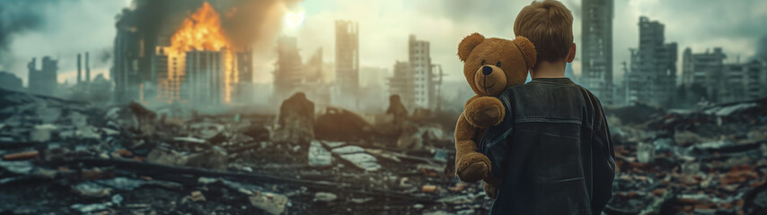 kids holding teddy bear over city on war. Generative AI