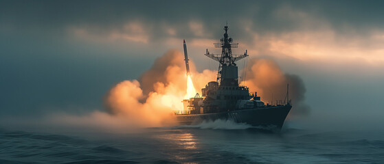 Rocket launch from warship. Start anti-ship missile from russian military cruiser. Generative AI	
