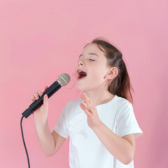 A girl in a T-shirt on a pink background sings into a microphone
 - obrazy, fototapety, plakaty