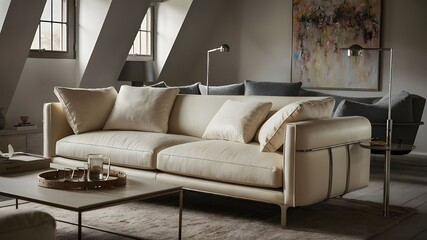 Modern cream colored sofa in the living room, generated by AI