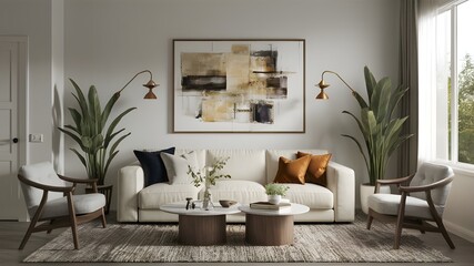 The modern living room sofa is coloured cream. 