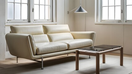 The modern living room sofa is coloured cream. 