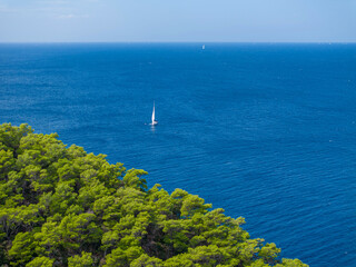AERIAL: Lone sailboat makes its way through the deep blue sea next to lush coast - obrazy, fototapety, plakaty
