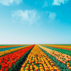 field of tulips and blue sky - obrazy, fototapety, plakaty