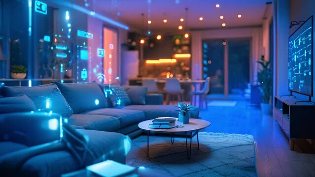 Effortless Automation: dark home interior with digital icons for a seamless living experience