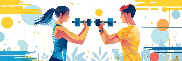 Couple Performing Dumbbell Curls in Gym Illustration