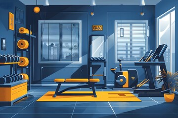 Home Gym Interior with Modern Workout Equipment Vector