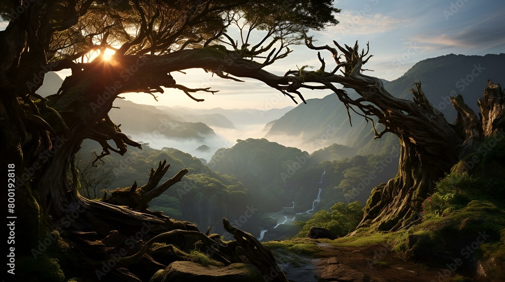 Poster Sunset behind a mountain tree