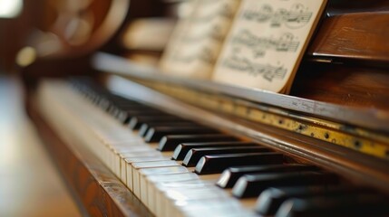 Wooden grand piano keyboard with sheet music covered in musical notes.