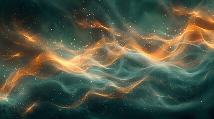 Glowing Harmony: Abstract Digital Art with Fluid Emerald Waves and Shimmering Gold