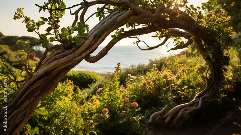 Poster tree with branch and rock against ocean backdrop