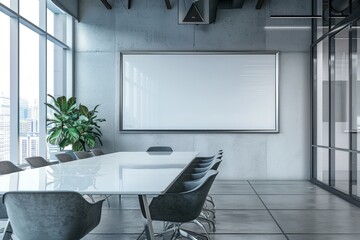 Modern conference room with a large blank whiteboard on a concrete wall