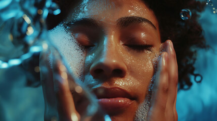 A close shot of a biracial beautiful girl's face washing her face in the morning, part of her skincare routine. - Powered by Adobe
