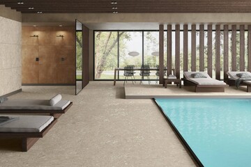 In house luxury swimming pool with resting chairs, garden with wooden furniture, green garden, marble floor, shower area, wooden table. 3D Rendering