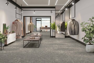 Interior of a fashionable colorful accessory boutique full of an assortment of bags and accessories on display, white marble walls, marble flooring. 3D Rendering