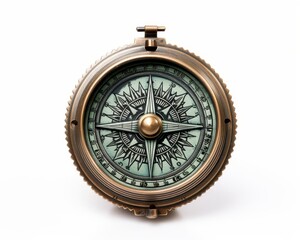An antique brass compass with a green dial.