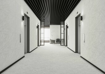 Luxury office lift area interior with white marble floor and walls, black ceramic roof, brown sofa in waiting area. 3D Illustration. 3D Rendering