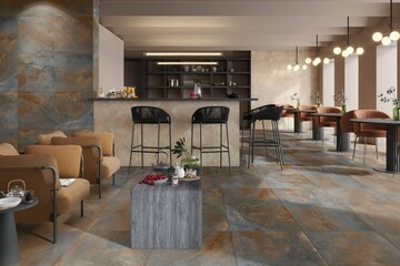 Bright bar interior with dark marble floor, beige walls, black ceramic made serving countertop and chairs, wooden table and sofa chairs. 3D Illustrations. 3D Rendering