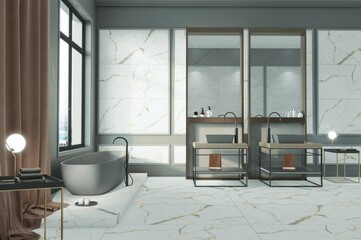 Stylish bathroom design. Modern double grey sink bowl on the countertop decorated with mosaic tiles. Hygiene products, towels, potted houseplant. 3D Rendering