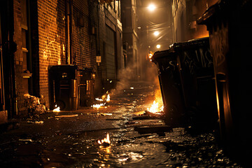 A desolate urban alley at night - flickering flames from trash cans casting eerie shadows -...
