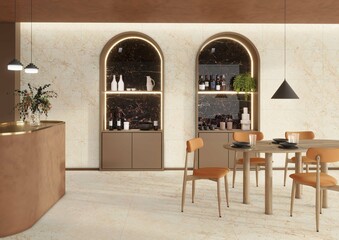 Luxury restaurant interior with beige marble floor and walls, wooden table and chairs, wooden decor. 3D Rendering