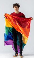 illustration of a man holding a rainbow flag. The flag is colorful and has a rainbow pattern
