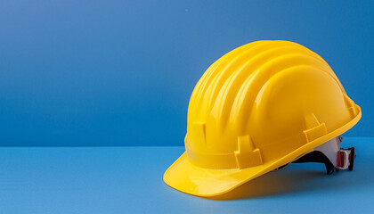Yellow construction helmet of blue background. Happy Labor Day concept. 1st May.