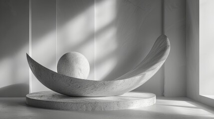 3d render of a white crescent moon on a podium with a sphere in it