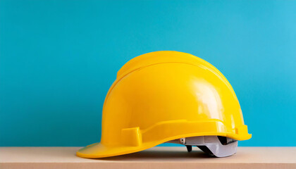 Fototapeta premium Close-up of yellow construction helmet of blue background. Happy Labor Day concept. 1st May.