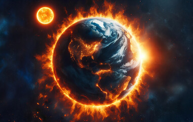 Obraz premium Global warming, Earth globe burning into flames
