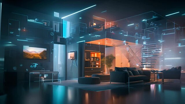 Connected home: dark-themed sleeping space with digital icons for seamless comfort